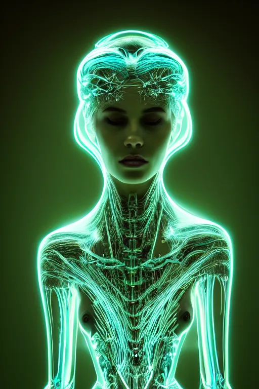 Image similar to bioluminescent long exposure light painting of a beauteous biomechanical practical sumptuous full frame photo realistic face, lifelike incredible hair, crystalline masterpiece incrustations, hyperdetailed face, elegant pose, movie still, intricate, octane render, cinematic forest lighting,