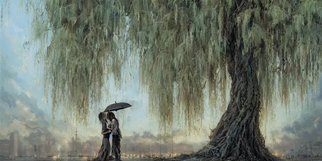 Prompt: willow tree, matte oil painting, very detailed, hyperrealistic, cinematic, breathtaking, detailed painterly digital art style by Tim Okamura, Studio Ghibli, Dan Mumford, James Jean, 8k octane beautifully detailed render, post-processing, epic composition, cinematic lighting, trending on artstation, vibrant colors, masterpiece