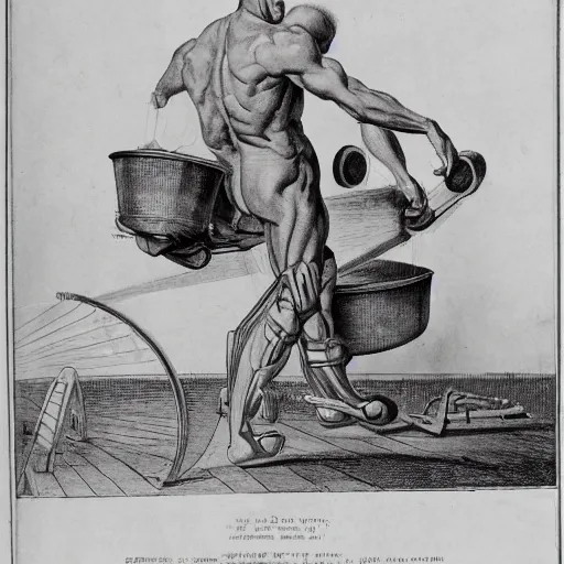 Image similar to a muscular bald man carrying engines on his back, technical diagram