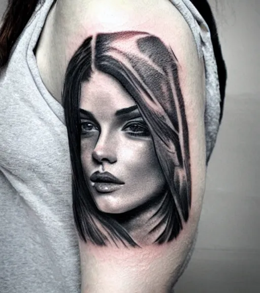 Image similar to realism tattoo sketch of a beautiful woman's face double exposure effect with amazing mountain scenery, in the style of matteo pasqualin, amazing detail, sharp, faded