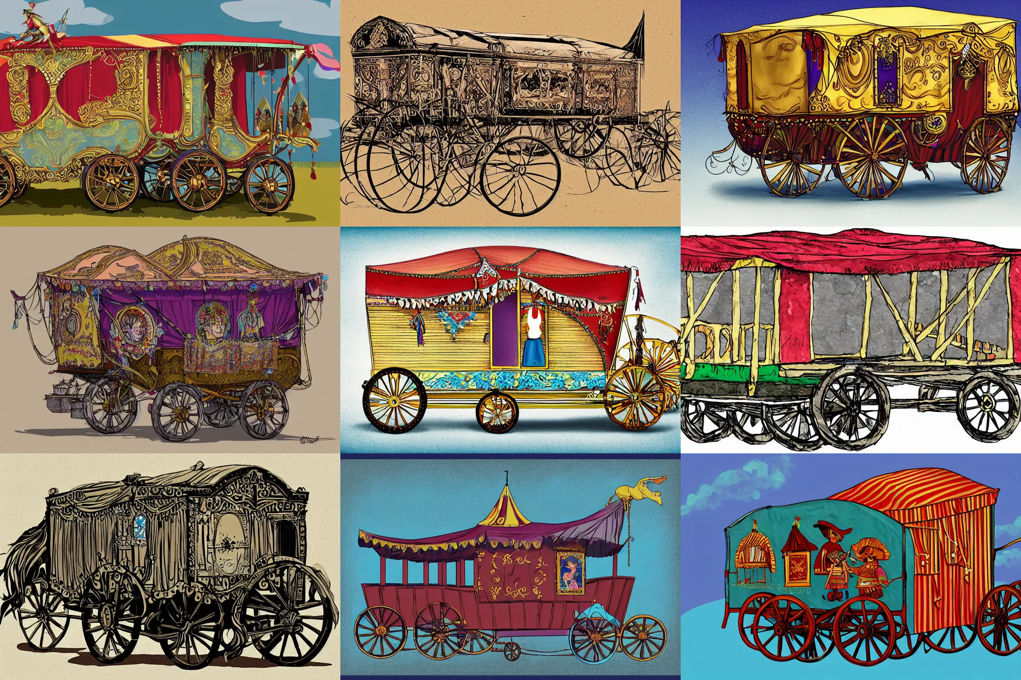 Prompt: digital illustration of a gypsy circus wagon, artstaton
