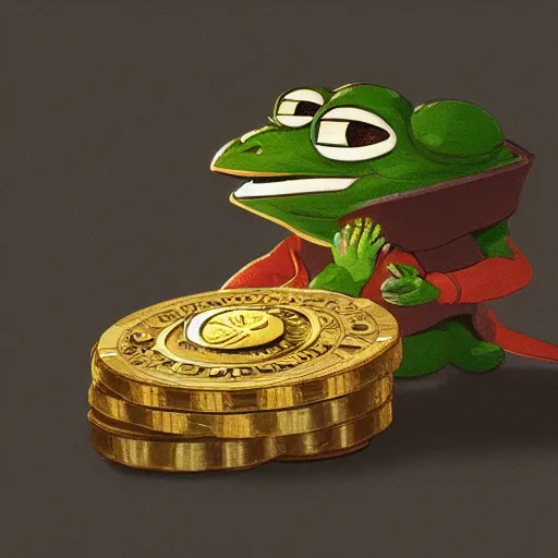 Image similar to super rich happy pepe, coins, gold, crystals, greg rutkowski