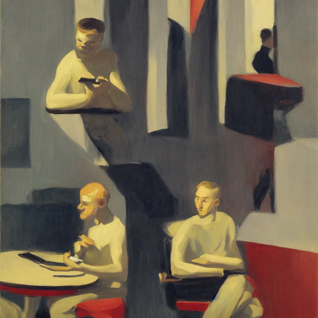Image similar to i, a portrait of a young man sitting on a chair playing his iphone, by edward hopper