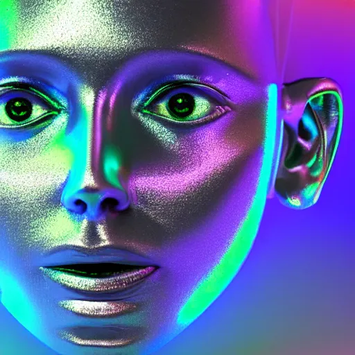 Image similar to 3d render of holographic human robotic head made of glossy iridescent, surrealistic 3d illustration of a human face non-binary, non binary model, 3d model human, cryengine, made of holographic texture, holographic material, holographic rainbow, concept of cyborg and artificial intelligence