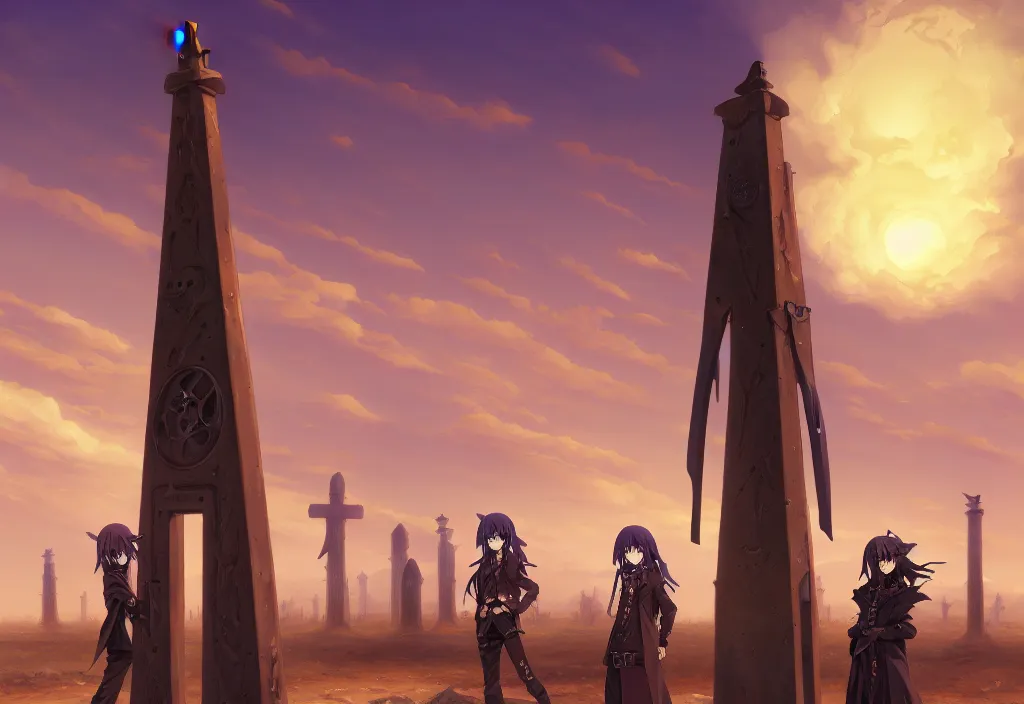 Image similar to a steampunk obelisk in a gloomy desert at dawn with gravestones in the foreground, intricate oil painting, high detail illustration, sharp high detail, manga and anime 1 9 9 9, official fanart behance hd artstation by jesper ejsing and makoto shinkai, 4 k,