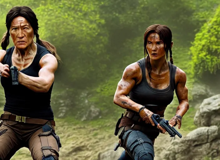 Image similar to film still of!!!! jackie chan jackie chan jackie chan!!! as lara croft in new tomb raider movie, 8 k