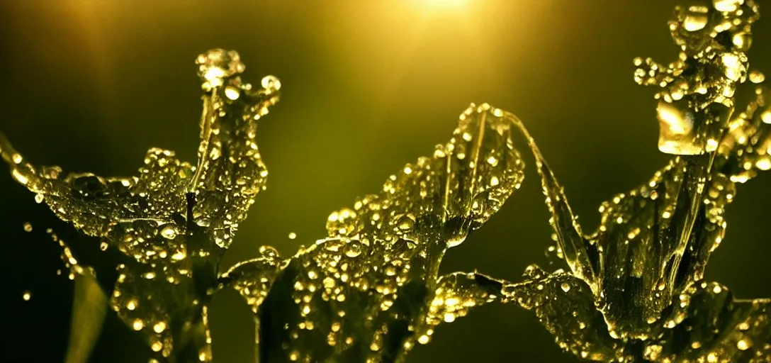 Prompt: “ a world of dew and within every dewdrop a world of struggle, dramatic backlit lighting, incredible reflections, macro ”