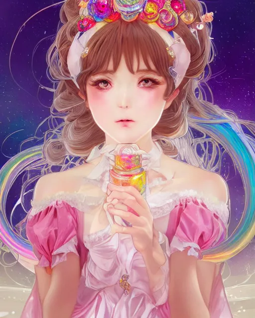 Image similar to portrait of magical lolita girl, dreamy and ethereal, expressive pose, big gold eyes, exciting expression, fantasy, intricate, elegant, many rainbow bubbles, rose tones, highly detailed, anime, artstation, concept art, cyberpunk wearing, smooth, sharp focus, illustration, art by artgerm and greg rutkowskiand alphonse mucha