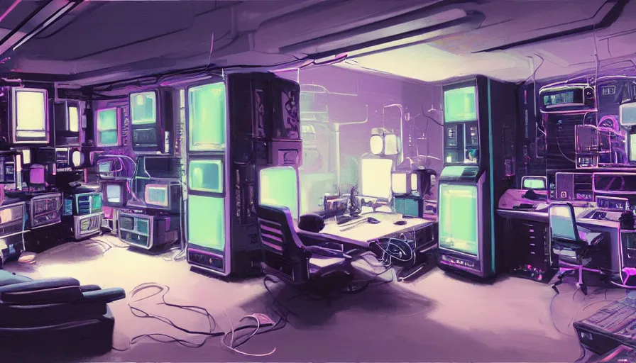 Image similar to a rendering of a detailed interior of a cyberpunk bedroom with computers and cables, soft neon lighting, metallic surfaces, sci-fi concept art, by Syd Mead, oil on canvas