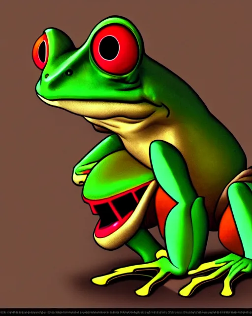 Prompt: sinister old frog character portrait, by don bluth, highly detailed, dynamic shadows, 4 k, wallpaper - 1 0 2 4