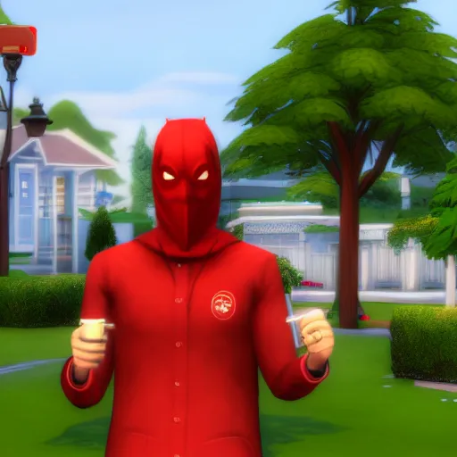 Image similar to a person wearing a red hood and holding a bell in sims 4 screenshot