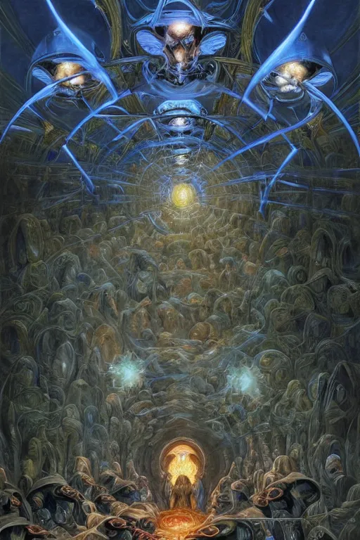 Image similar to an advanced technological computer!!!!!, surrounded by a dark cabal of hooded elven mystics with long robes gathered in a circular formation, michael whelan, dan seagrave, boris vallejo, quantum computer!!!! quantum computer