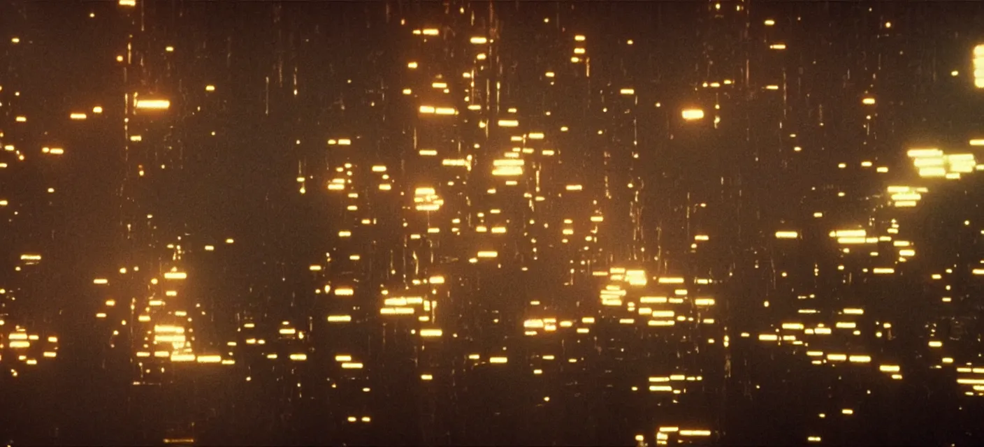 Prompt: A still of C-beams glittering in the dark near the Tannhäuser Gate, from Blade Runner (1982), Super Panavision 70