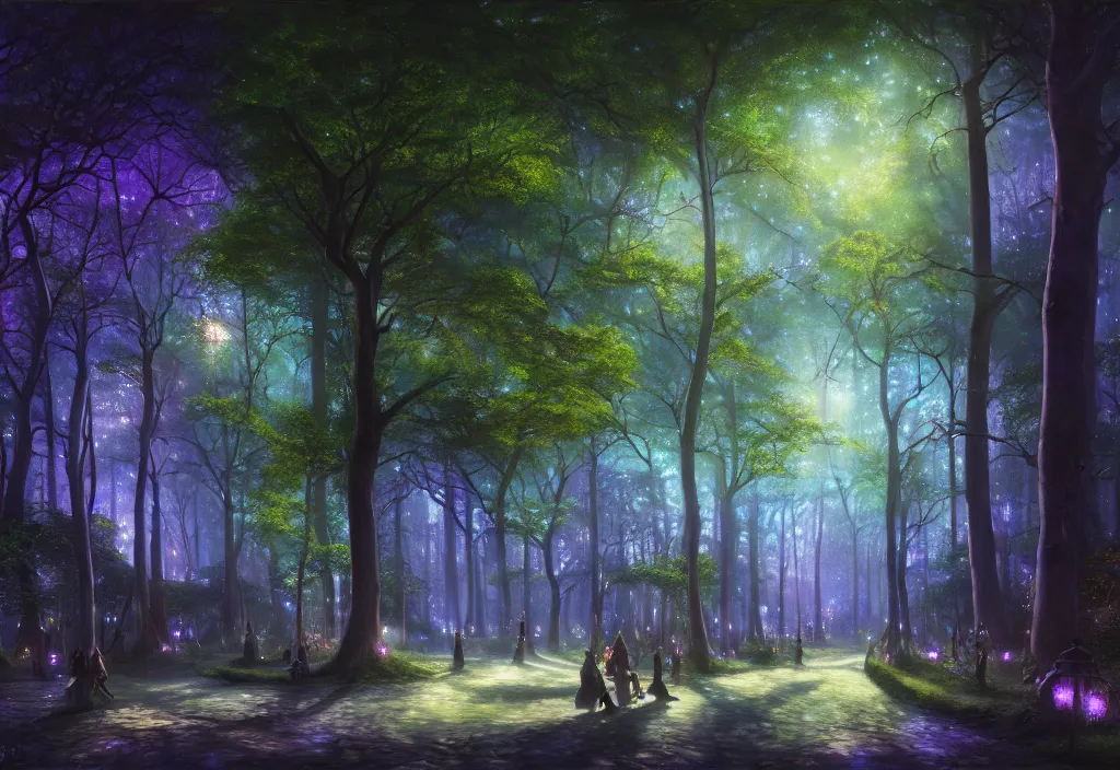 Prompt: Lothlorien at night, very dark sky with green lights, blue lights and purple lights, elven forest town with houses up in the trees, oil painting, dramatic lighting, Jakub Kasper, Makoto Shinkai, hyperrealistic, cinematic, elegant, intricate