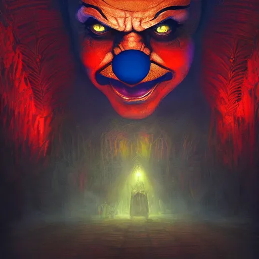 Image similar to portrait of angry clown, atmospheric lighting, painted, intricate, volumetric lighting, beautiful, rich deep colours masterpiece, sharp focus, ultra detailed, in the style of Dan Mumford and marc simonetti, futuristic temple in the background,