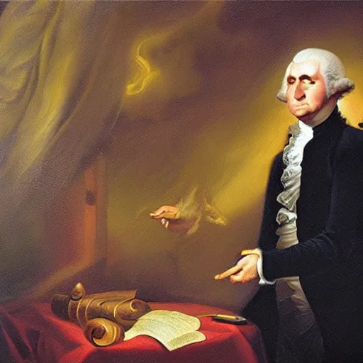 Prompt: oil painting of george washington summoning an eldritch lovecraftian horror