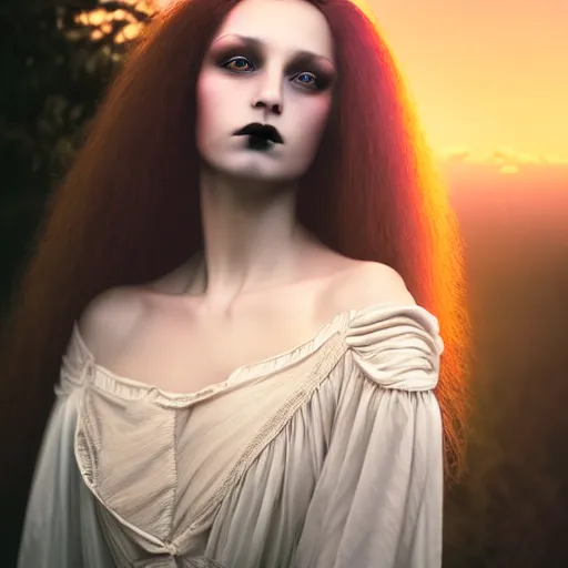 Image similar to photographic portrait of a stunningly beautiful gothic starlet renaissance female in soft dreamy light at sunset, contemporary fashion shoot, by edward robert hughes, annie leibovitz and steve mccurry, david lazar, jimmy nelsson, breathtaking, 8 k resolution, extremely detailed, beautiful, establishing shot, artistic, hyperrealistic, beautiful face, octane render