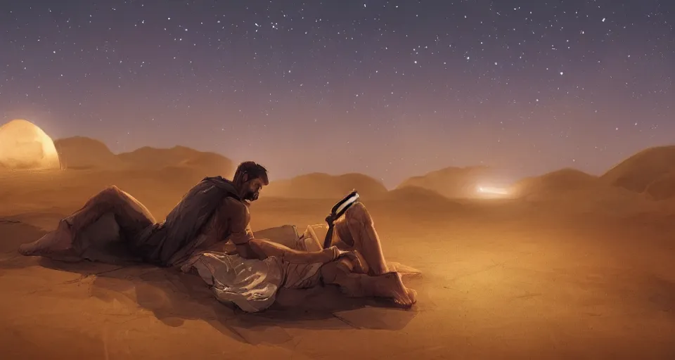 Image similar to a man resting in the desert at night, artstation