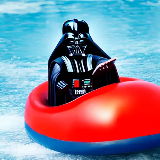 Image similar to darth vader riding in a bumper boat having fun