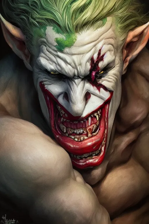 Prompt: portrait of joker as a hulking herculean demon orc bugbear clown, forest, godlike, upper body, fantasy, intricate, elegant, highly detailed, digital painting, artstation, concept art, sharp focus, illustration, art by artgerm and greg rutkowski and alphonse mucha