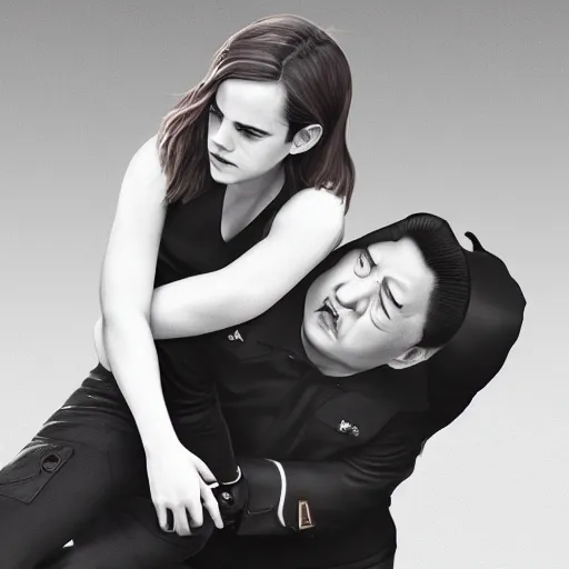 Image similar to angry emma watson putting xi jinping in a headlock as security agents close, trending on artstation