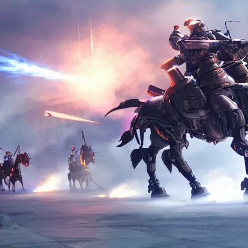 Image similar to The charge of the light brigade with robotic horses, steampunk, dramatic lighting, heavy weapons fire, energy weapons, light fog, by Makoto Shinkai and Ruan Jia