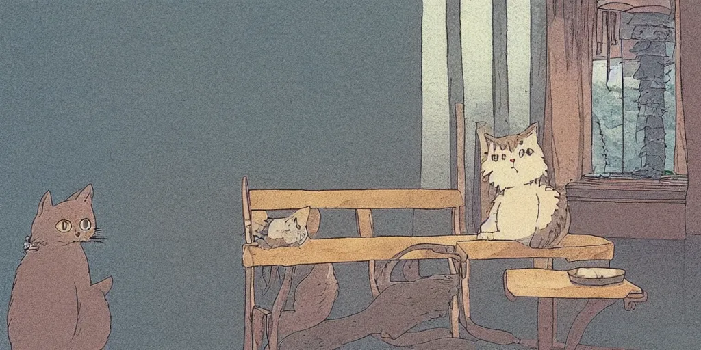 Image similar to a studio ghibli illustration of a cat waiting for his owner, atmospheric, widescreen