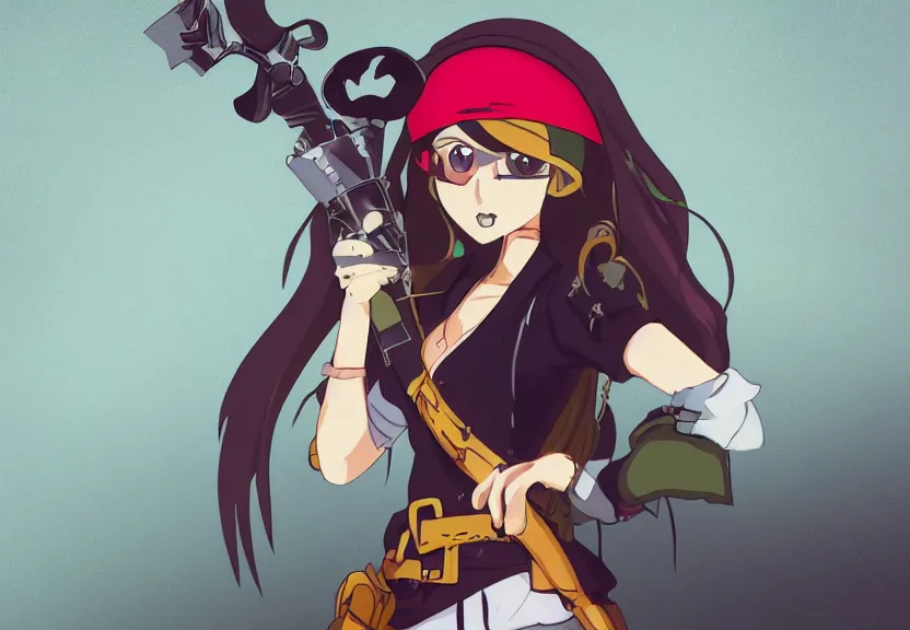 Image similar to wide angle perspective of a female pirate, centered, single subject, a thrifty uniform, somewhat of an anime in pixar style, trending artwork, made with anime painter studio, by pixar and an anime artist, collaboration