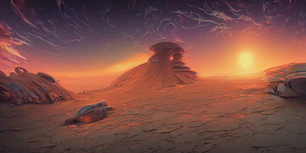 Prompt: the sands of time, a highly detailed cinematic oil painting by roger dean and alena aenami, crashed spaceship!!, dynamic lighting