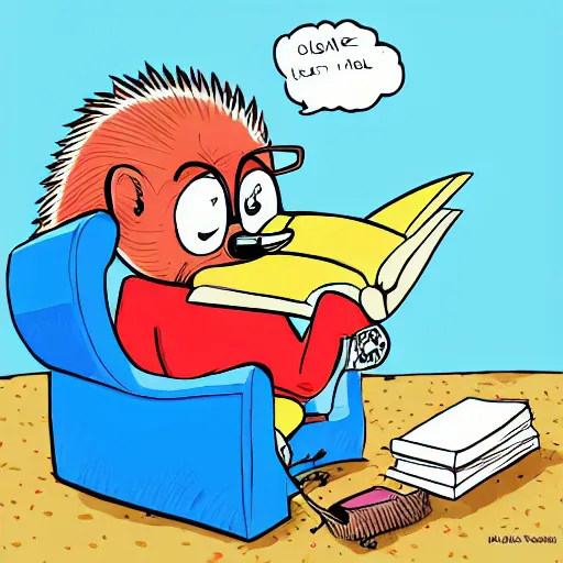 Prompt: intellectual hedgehog, smart hedgehog, hedgehog with glasses, hedgehog with pipe, sitting in chair, reading a book, painted by sergio aragones, cartoon, clean, cute, bright colors, clear lines