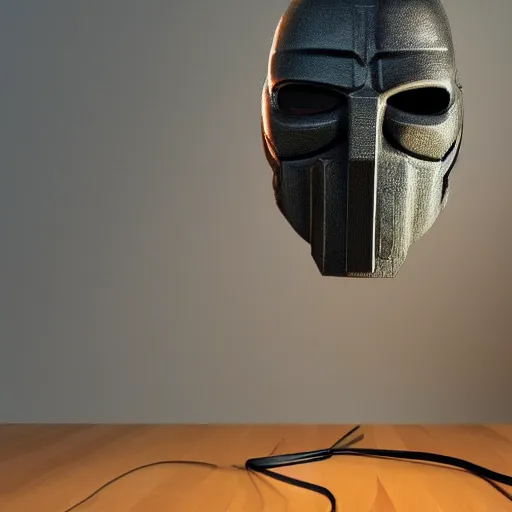 Prompt: MF DOOM mask, highly detailed photo realistic render, spotlight, shadows, rule of thirds