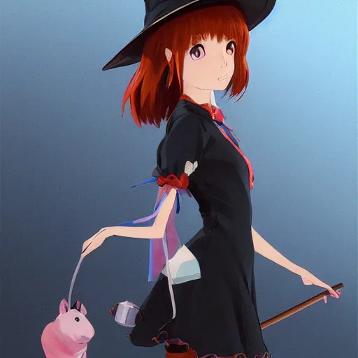 Image similar to full body portrait character concept art, anime key visual of a little witch with her capybara mascot, fine - face, audrey plaza, realistic shaded perfect face, fine details. anime. very strong realistic shaded lighting poster by ilya kuvshinov katsuhiro otomo ghost, magali villeneuve, artgerm, jeremy lipkin and michael garmash and rob rey