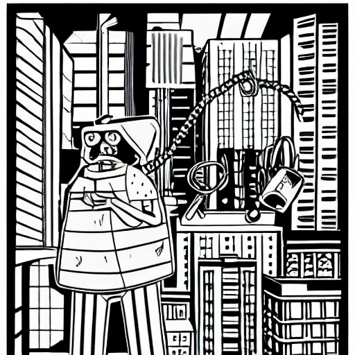 Image similar to a man holding bolt cutters. childrens coloring book, chris ware, nick drnaso, stylised graphic novel, black and white, coloring pages