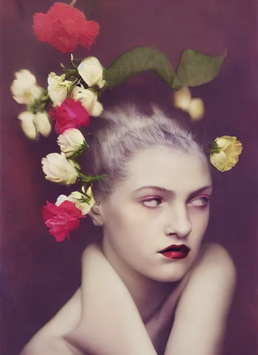 Prompt: stunning young girl With flowers in her hair, fine art portrait photography by Sarah Moon