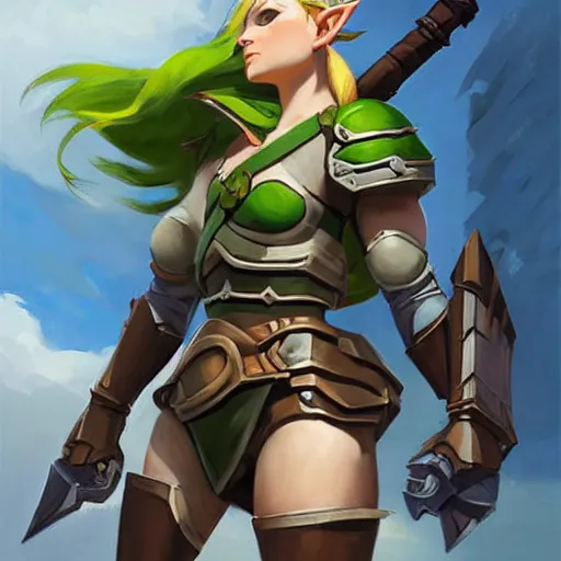 Image similar to greg manchess portrait painting of armored female link from legend of zelda as overwatch character, medium shot, asymmetrical, profile picture, organic painting, sunny day, matte painting, bold shapes, hard edges, street art, trending on artstation, by huang guangjian and gil elvgren and sachin teng