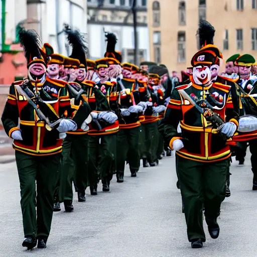 Prompt: a parade of the german army, the army is wearing clown hats.