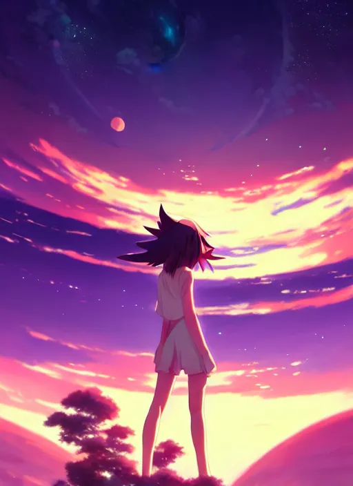 Image similar to anime girl floating against the backdrop of dawn, saturn in the background, illustration, concept art, anime, key visual, trending pixiv fanbox by wlop and greg rutkowski and makoto shinkai and studio ghibli