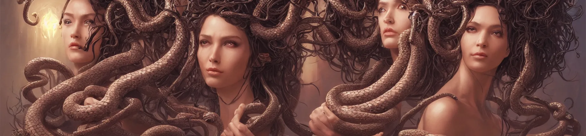 Image similar to beauty woman with snakes for hair, Medusa, detailed face, surrounded by spiders, very detailed, dramatic lighting, electrical details, high details, 4k, 8k, trending on artstation, by Greg Rutkowski, Wayne Barlowe, Hajime Sorayama and Boris Vallejo