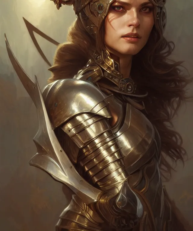 Image similar to Muscular and powerful medieval knight woman portrait, sci-fi, amber eyes, face, long hair, fantasy, intricate, elegant, highly detailed, digital painting, artstation, concept art, smooth, sharp focus, illustration, art by artgerm and greg rutkowski and alphonse mucha