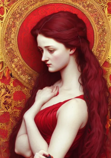 Prompt: portrait of sansa stark in red crimson, intricate, elegant, highly detailed, digital painting, artstation, concept art, smooth, sharp focus, illustration, art by artgerm and greg rutkowski and alphonse mucha and william - adolphe bouguereau