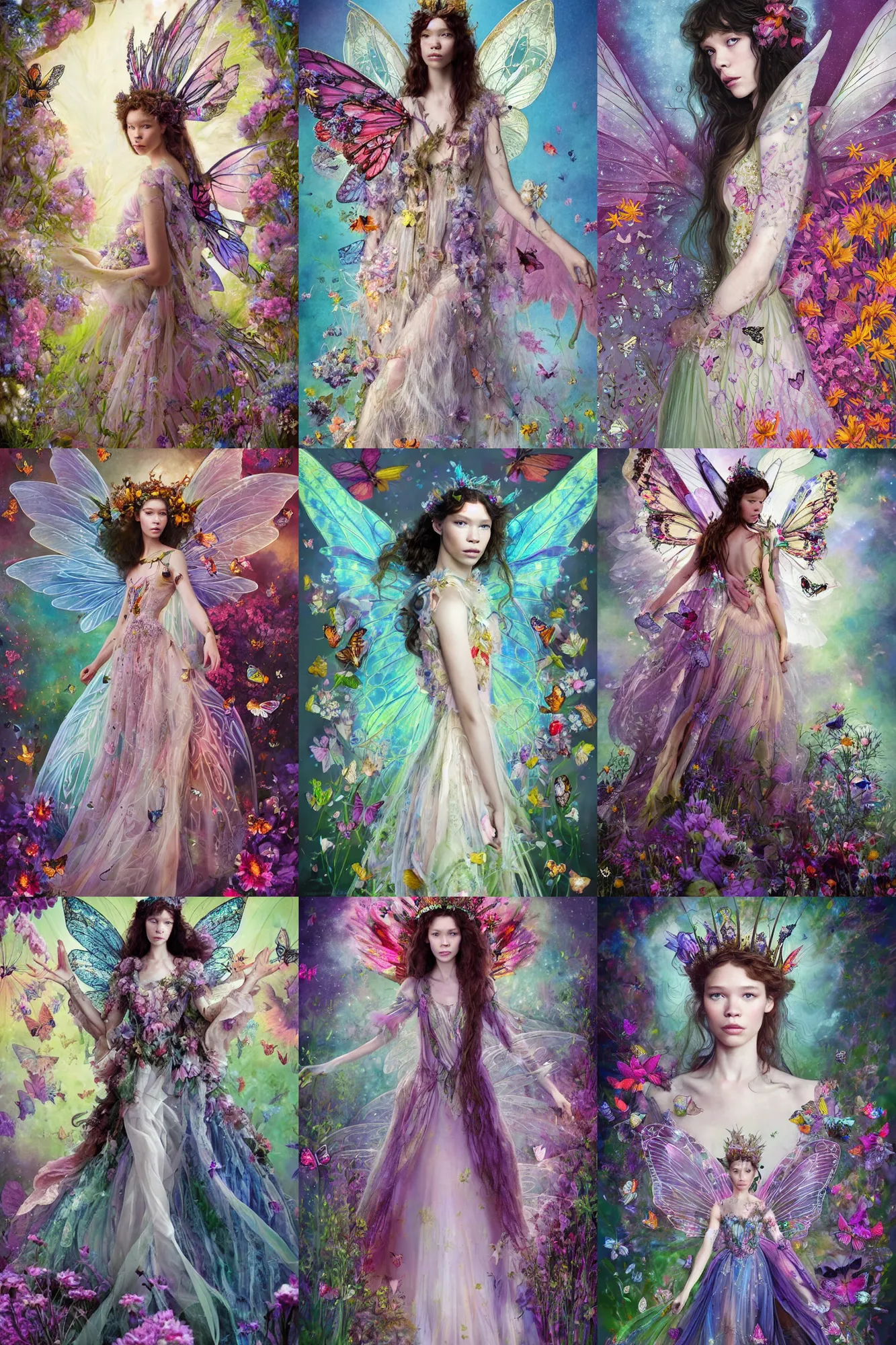 Prompt: masterwork full body portrait of astrid berges frisbey as a fairy queen. digital illustration. wearing a dress made out of flowers and butterflies. she is fading into space. trending on art station, fluid, dreamy, ethereal, vivid colours. sharp focus. wow! in the style of annie stegg, in the style of anne stokes.