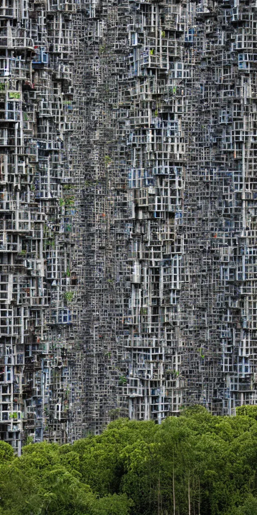 Prompt: a high contrast elevational photo by Andreas Gursky of tall eco-futuristic mixed-use unstable jenga towers emerging out of the trees. The rusty post-industrial towers are made of metal scaffolding and brightly colored mesh tarps. Hundreds of trees plants grow from scaffolding, floors, and balconies. The towers are bundled very close together and stand straight and tall. The towers have 100 floors with deep balconies and hanging plants. Cinematic composition, volumetric lighting, foggy morning light, architectural photography, 8k, megascans, vray.