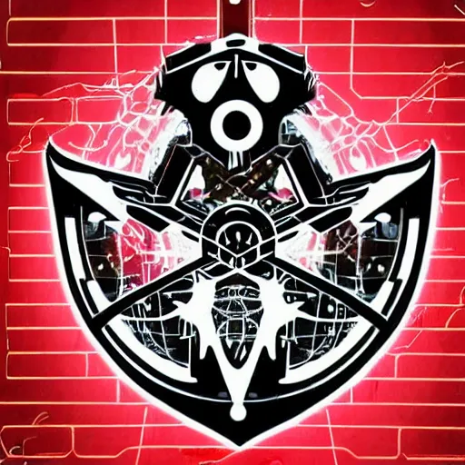 Image similar to cyberpunk futuristic chaos steampunk occult magic sign symbol label and heraldry