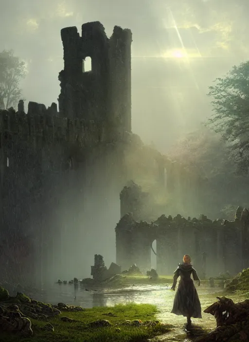 Prompt: the cursed ruins of a medieval castle, mist, sunrays, raining, fog, dust in the air, dnd character, unreal engine, octane render, dramatic lighting, pond, digital art, by stanley artgerm lau, greg rutkowski, thomas kindkade, alphonse mucha, loish, norman rockwell,