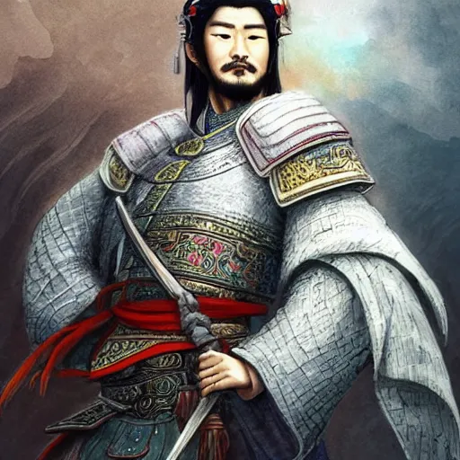 Image similar to dynamic composition, motion, ultra-detailed, incredibly detailed, a lot of details, amazing fine details and brush strokes, colorful and grayish palette, smooth, HD semirealistic anime CG concept art digital painting, watercolor oil painting of a Tang Ming dynasty chinese tao fantasy general wearing armor, from Three Kingdoms, by a Chinese artist at ArtStation, by Huang Guangjian, Fenghua Zhong, Ruan Jia, Xin Jin and Wei Chang. Realistic artwork of a Chinese videogame, gradients, gentle an harmonic grayish colors.