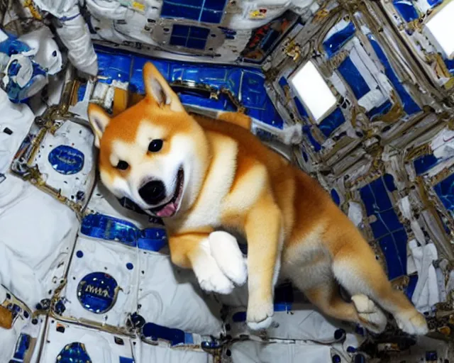 Prompt: shiba inu astronaut inside the International Space Station