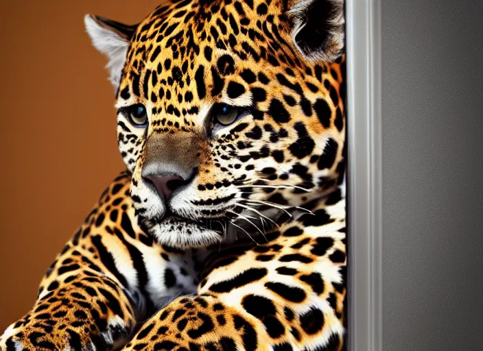 Image similar to photography of a Jaguar Cat . watching outside the window. on a bed. in a 70's room full of vinyls and posters, photorealistic, award winning photo, 100mm, sharp, high res