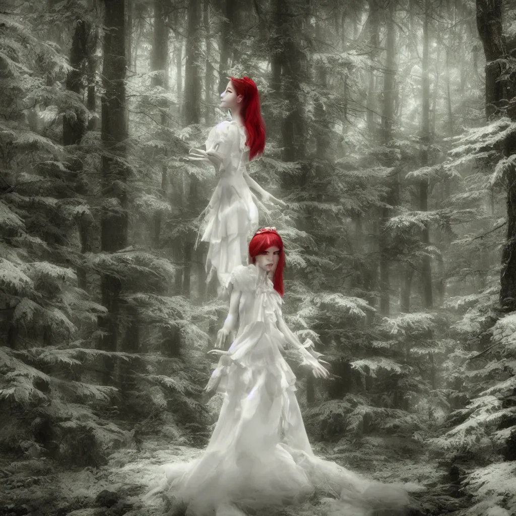 Prompt: extremely detailed picture of a princess wearing all white in a red forest, octane render, aesthetic