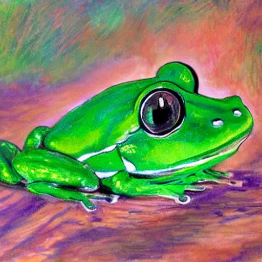 Prompt: small green frog dressed up in a protective coconut shell, in the style of claude monet