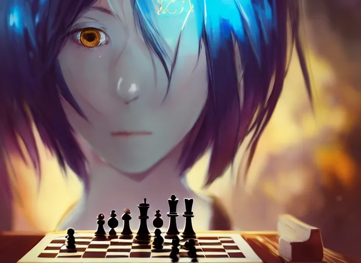 Image similar to rimuru playing chess, with gold eyes, straight hair, sky blue hair, long bangs, high collar, concept art, award winning photography, digital painting, cinematic, by wlop, anime key visual, wlop, 8 k, by ross tran, tom bagshaw, andy warhol